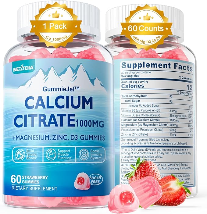 Calcium Citrate 1000mg Filled Gummies + Vitamin D3, Magnesium, Potassium, Zinc & B6 - Bones Strength, Muscle & Immune Support - Sugar Free Calcium Supplement for Women Men, Vegan Calcium Chews, 60Cts