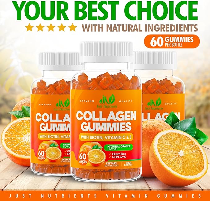 Collagen Peptides Gummies with Biotin, Vitamin C & E for Women & Men - Hair, Skin, Nails & Joints - Gluten-Free, Non-GMO - 60 Gummies