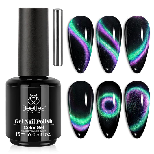 Beetles Cat Eye Gel Nail Polish - 15ML 9D Chameleon Cat Eye Green Purple Double Magic Colors Gel Polish with Magnet Soak Off UV Velvet Gel Galaxy Drift Collection Nail Art Design Gift for Women