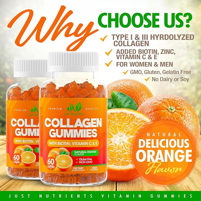 Collagen Peptides Gummies with Biotin, Vitamin C & E for Women & Men - Hair, Skin, Nails & Joints - Gluten-Free, Non-GMO - 60 Gummies