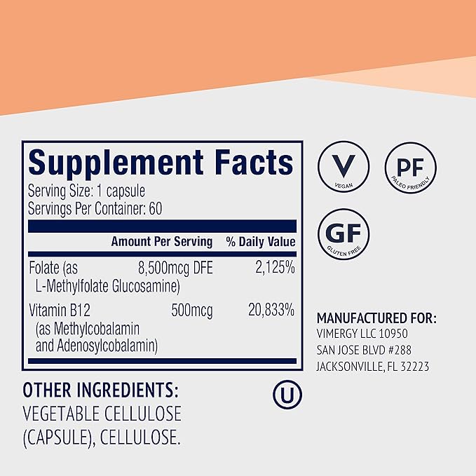 Vimergy 5-MTHF Capsules– Supports Brain & Cardiovascular Health* – Promotes Energy Production* – Kosher, Vegan & Gluten-Free – (60 ct.)