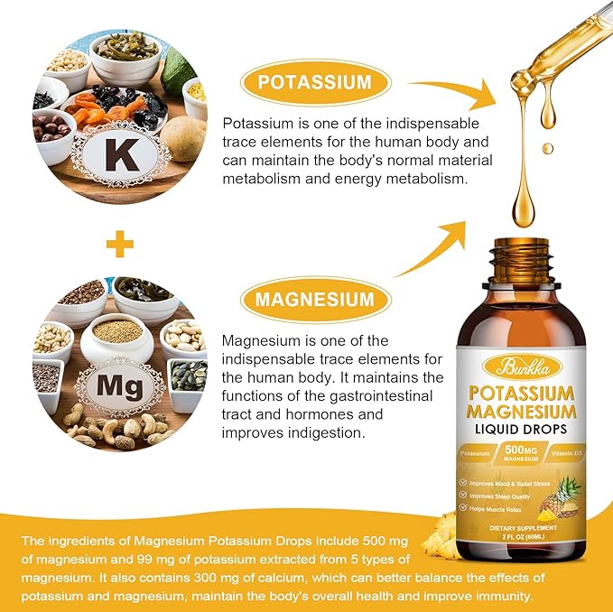 Potassium Magnesium Supplement, 99mg Potassium Supplement with Magnesium, Calcium, Vitamin D3, Zinc, Sugar Free & Vegan Liquid Drops Supplement for Leg Cramps, Energy, Metabolism, for Adult and Kid