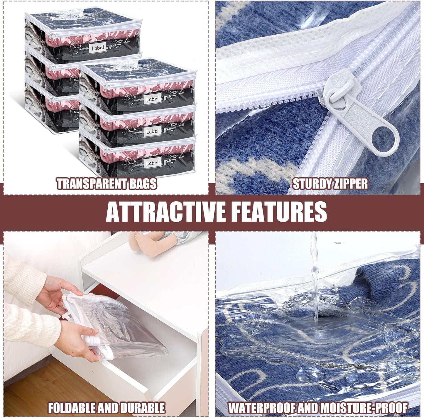 Hoolerry 6 Pieces Sweater Storage Bags Plastic Clear PVC Clothes Storage Bags with Zipper and Label for Blankets Clothes Closet Quilt Pillow Bed Sheet Organizer(23.6 x 19.7 x 9.8 Inch)
