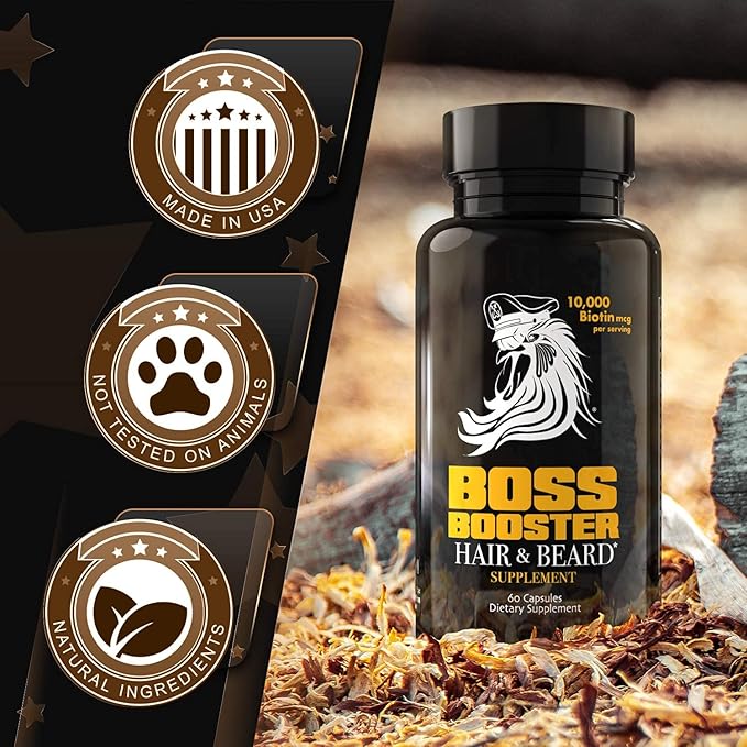 Bossman Boss Booster - Beard Growth Supplement Products for Men - 10,000 MCG Biotin and MSM - Hair Growth Vitamins and Beard Care