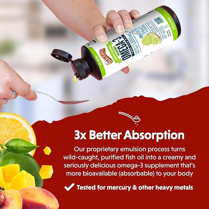 Barlean's Omega 3 Fish Oil Liquid Supplement Pack of 3, EPA and DHA Fatty Acid, Smoothie Flavored for Brain, Joint, and Heart Health, Includes Key Lime Pie, Lemon Crème and Mango Peach Flavors, 8 oz