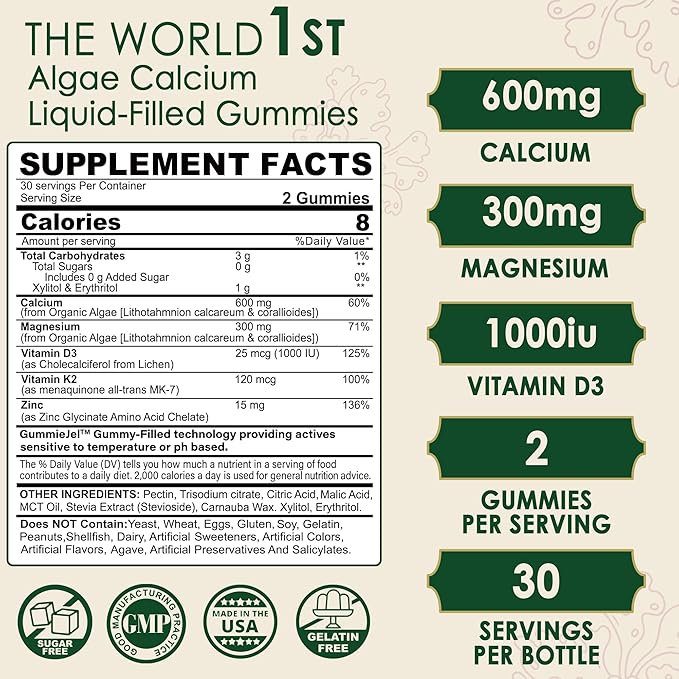 (2 Pack) Plant Based Calcium Supplement 600mg with Vitamin D3 K2, Zinc for Bone Strength, Sustainably Sourced Algae Calcium Magnesium 2:1 Ratio, Sugar Free Calcium Gummies 70+ Trace Minerals, Vegan