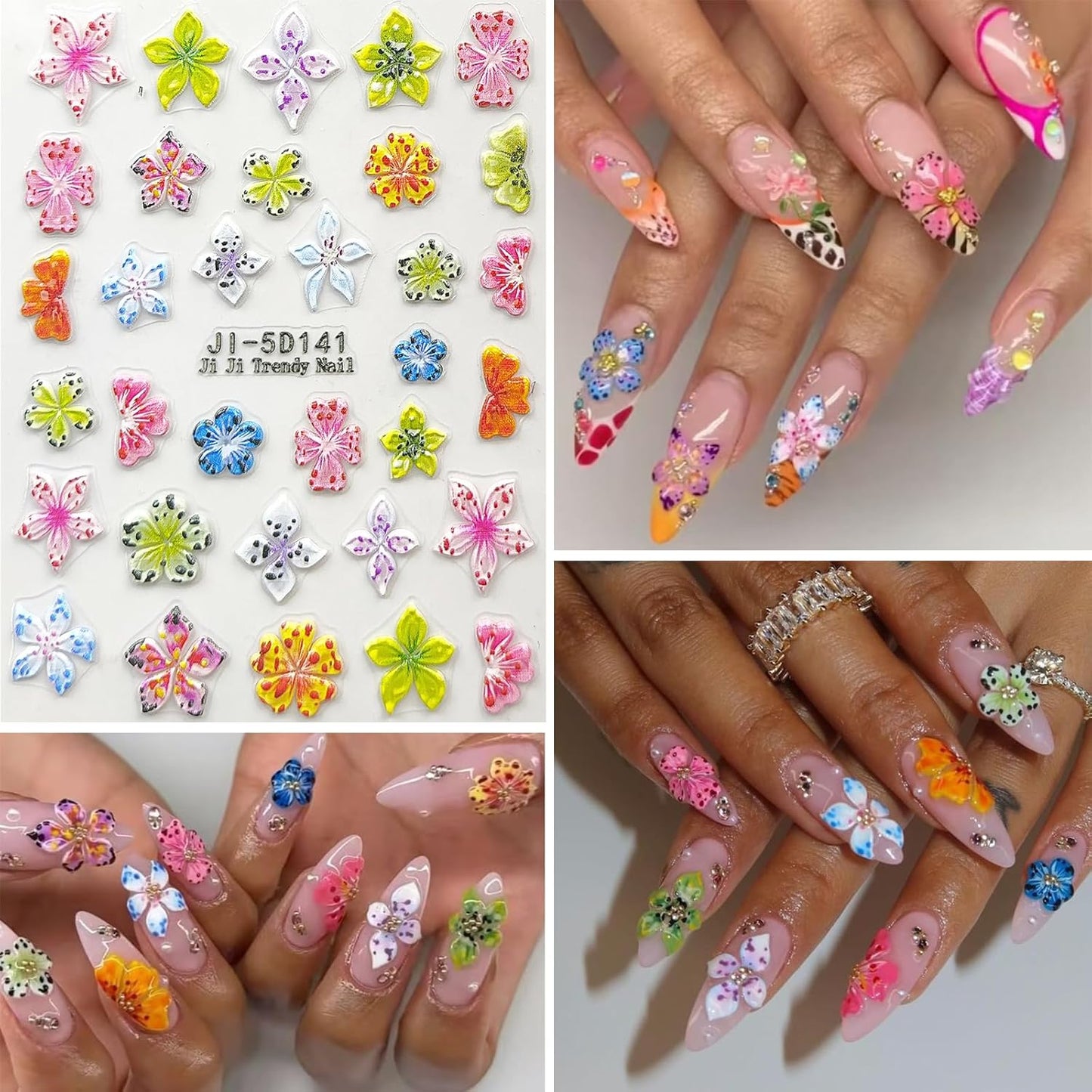 Nail Art Stickers Decals 5D Embossed Flower Nail Decals Self Adhesive Spring Summer Plumeria Nails Supplies 3D Design for Women Decoration Colorful Flower Nails Stickers