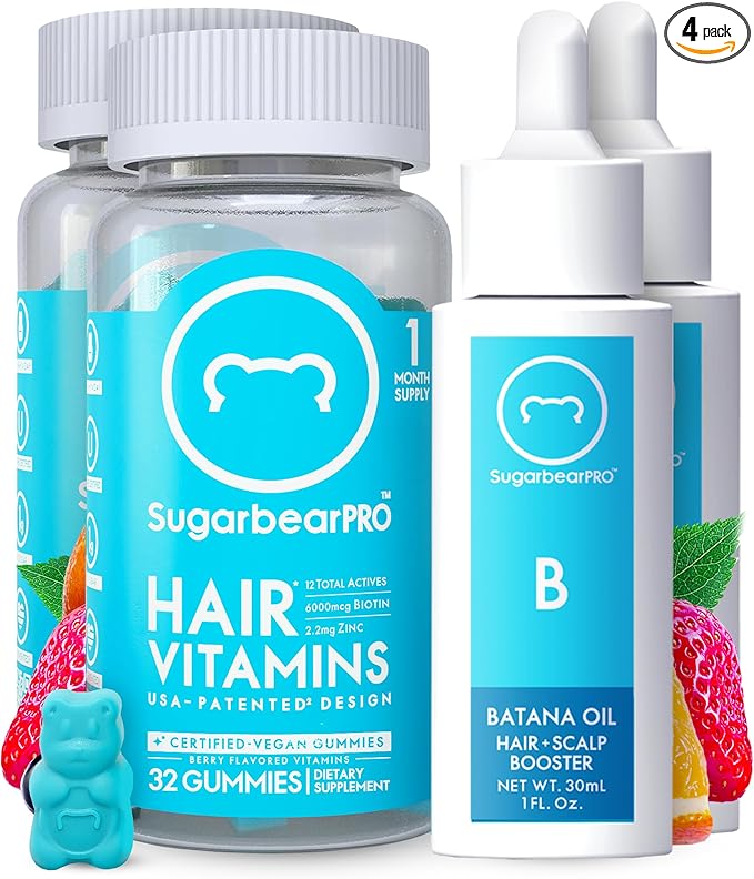 Sugarbear Hair Vitamin Gummy 2 Month Supply & 2 Pure Batana Natural Hair Growth Oil-Extra Strength Biotin 6000mcg, Women, Men, Vegan Vitamin B12, MSM, Inositol, Elderberry, Kosher, Halal, Cruelty-Free