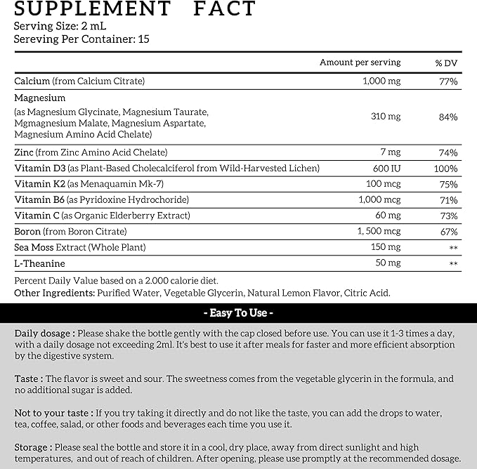 (2 Pack) 10 in 1 Magnesium Calcium Zinc Supplement with Vitamin C D3 K2, Glycinate Mag Vegan Liquid Drops Plus L-Theanine Boron Sea Moss Extract, Immune Support, Bone, Sleep & Leg Cramps, 1 Fl Oz