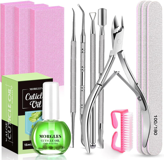 Nail Files and Buffers, MORGLES Nail Prep Kit with Emery Boards, Cuticle Remover Tools, Aloe Cuticle Oil for Manicure and Pedicure Shine Kit