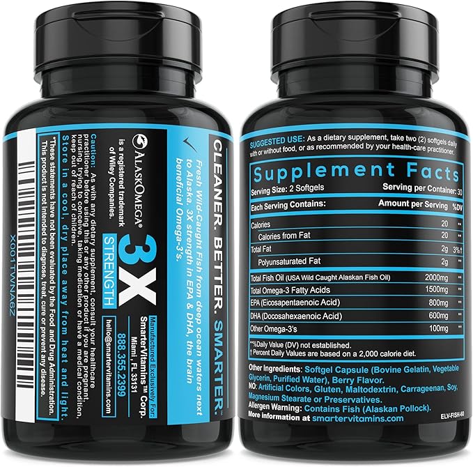 (5 Pack) Smarter Omega 3 Fish Oil, Berry Flavor, Burpless, Tasteless, 2000mg, Potent Triple Strength DHA EPA Brain Omega-3, Joint & Heart Support, Made with AlaskOmega®