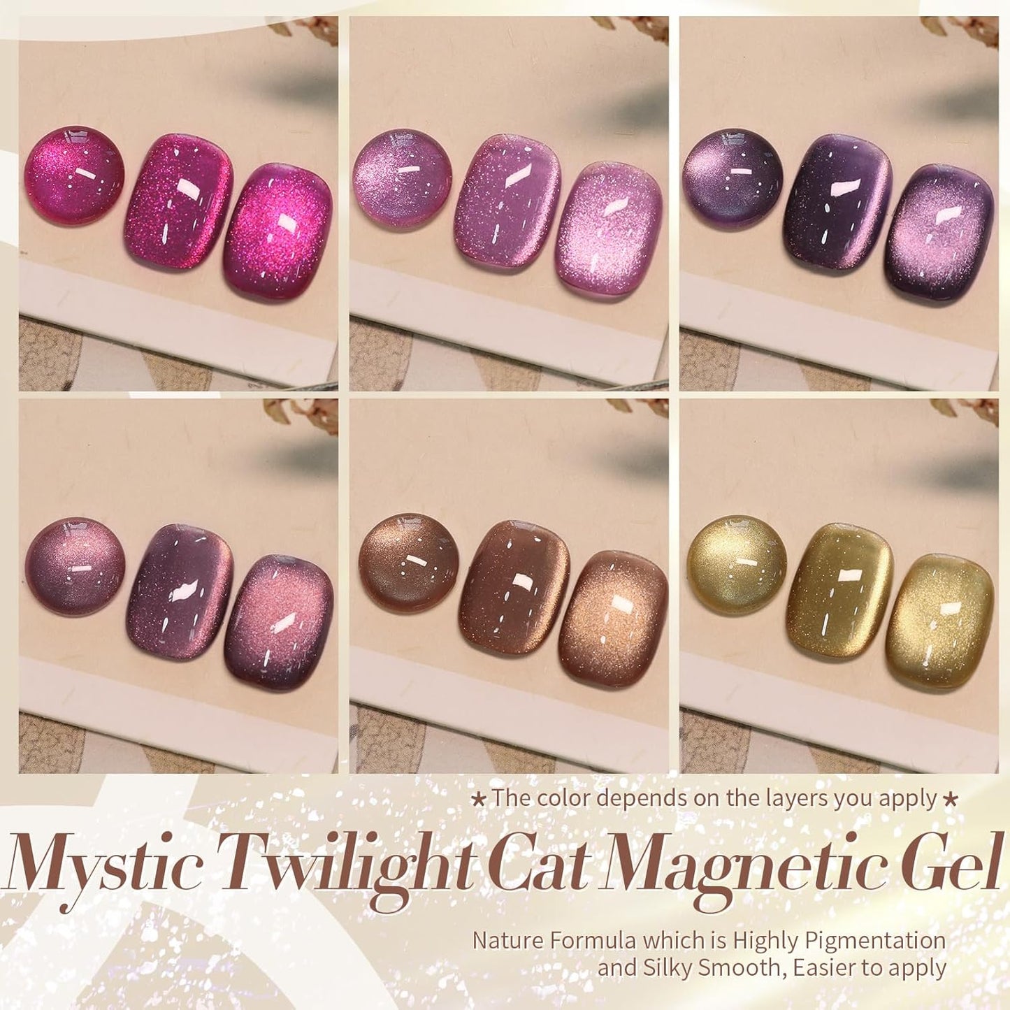 Born Pretty Cat Magnetic Eye Gel Nail Polish, Fall Winter Jelly Glass Magnetic Gel Polish, Purple Brown Pink Nude Glitter Soak Off Nail Art Salon Manicure Home Gift 7ml 6pcs