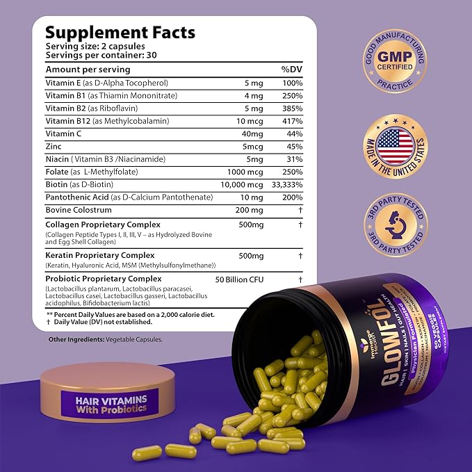 Biotin Collagen Supplement with Probiotics, Colostrum, Hyaluronic Acid and Keratin for Faster Hair Growth | Hair Skin Nails Vitamins For Women and Men | Biotin Hair Growth Supplement | 60 Capsules