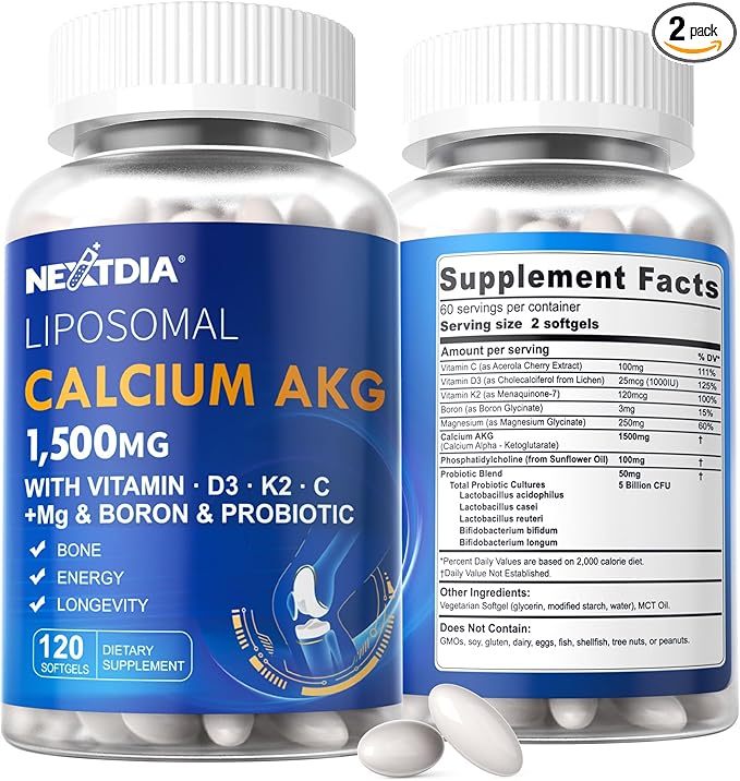 2 Pack Liposomal Calcium AKG Supplement 1500mg with Vitamin D3 & K2 for Women & Men, Calcium Supplement with Magnesium Glycinate, Boron, Probiotics & Vitamin C for Bone Strength & Energy, 240 Softgels