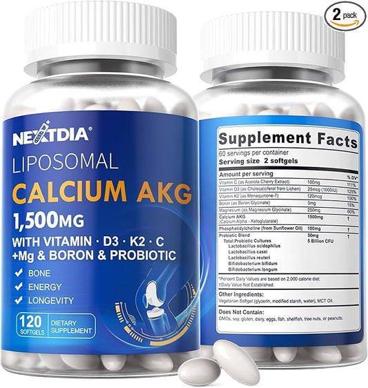 2 Pack Liposomal Calcium AKG Supplement 1500mg with Vitamin D3 & K2 for Women & Men, Calcium Supplement with Magnesium Glycinate, Boron, Probiotics & Vitamin C for Bone Strength & Energy, 240 Softgels
