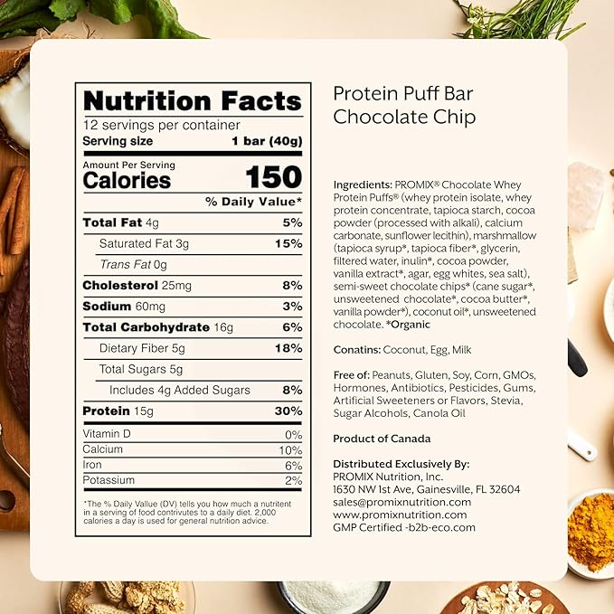 ProMix Nutrition Protein Puff Bars, 12-Pack - Chocolate Chip - Marshmallow Crispy Treat - Great Tasting & Healthy On The Go Snack - High Protein & Low Calorie - Non-GMO & Free From Gluten, Soy, & Corn