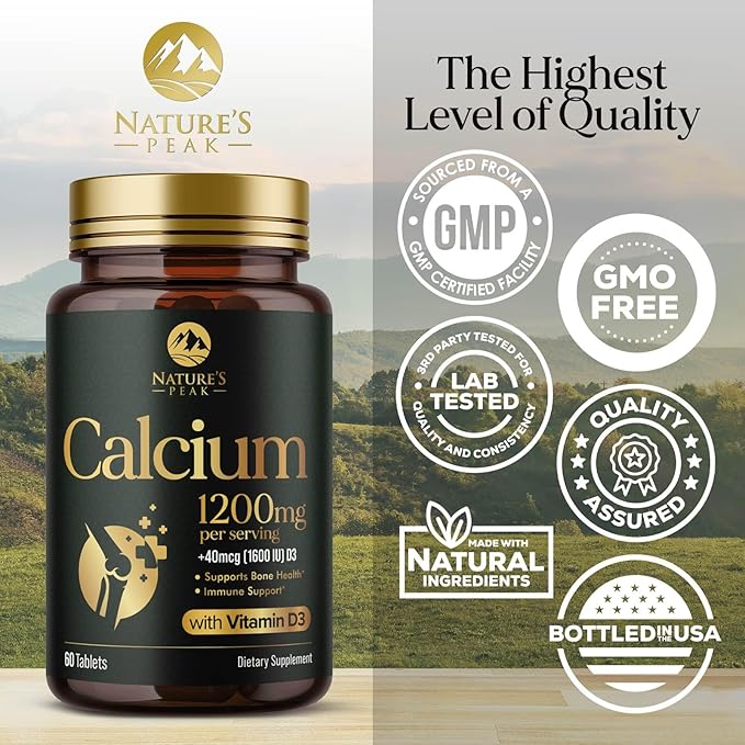 Calcium 1200 mg with Vitamin D3, Calcium Supplement Vitamins, Bone, Teeth & Immune Health Support, Calcium Supplements with D for Women & Men, Nature's Absorbable Calcium Carbonate - 60 Tablets