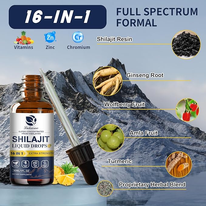 (2 Pack) 16 in 1 Shilajit Resin Liquid Drop, Shilajit W/Ginseng, Turmeric, Rhodiola, Wolfberry, Amla & Vitamins, Shilajit Supplement for Men & Women with 85+ Trace Minerals & Fulvic Acid, 1 Fl Oz