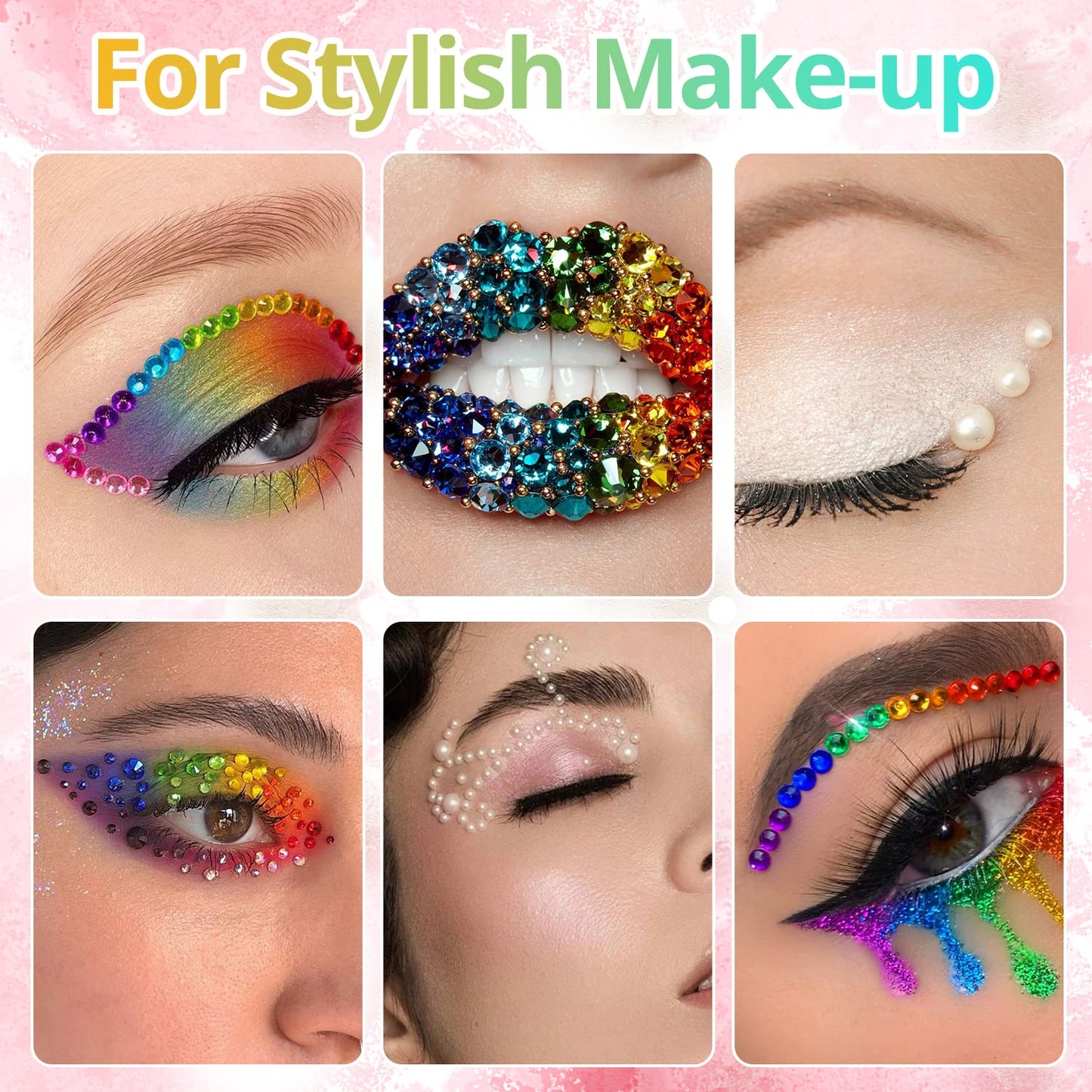 Colorful Flatback Face Gems and Beige Pearls for Makeup with Quick Dry Glue, Half Round Pearls Nail Art Rhinestones Glass Crystal Beads for Make-up Deco with Pickup Pencil + Tweezer