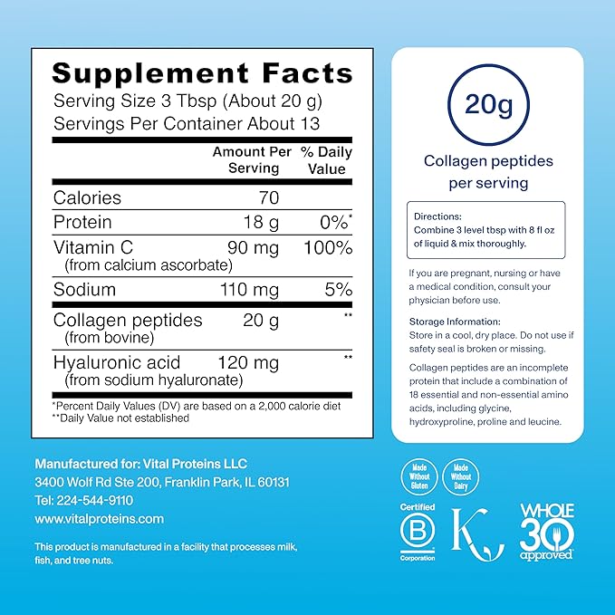 Vital Proteins Grass Fed Collagen Powder Supplement Hydrolyzed Peptides with Hyaluronic Acid and Vitamin C - Non-GMO, Dairy & Gluten Free Unflavored, 9.33oz