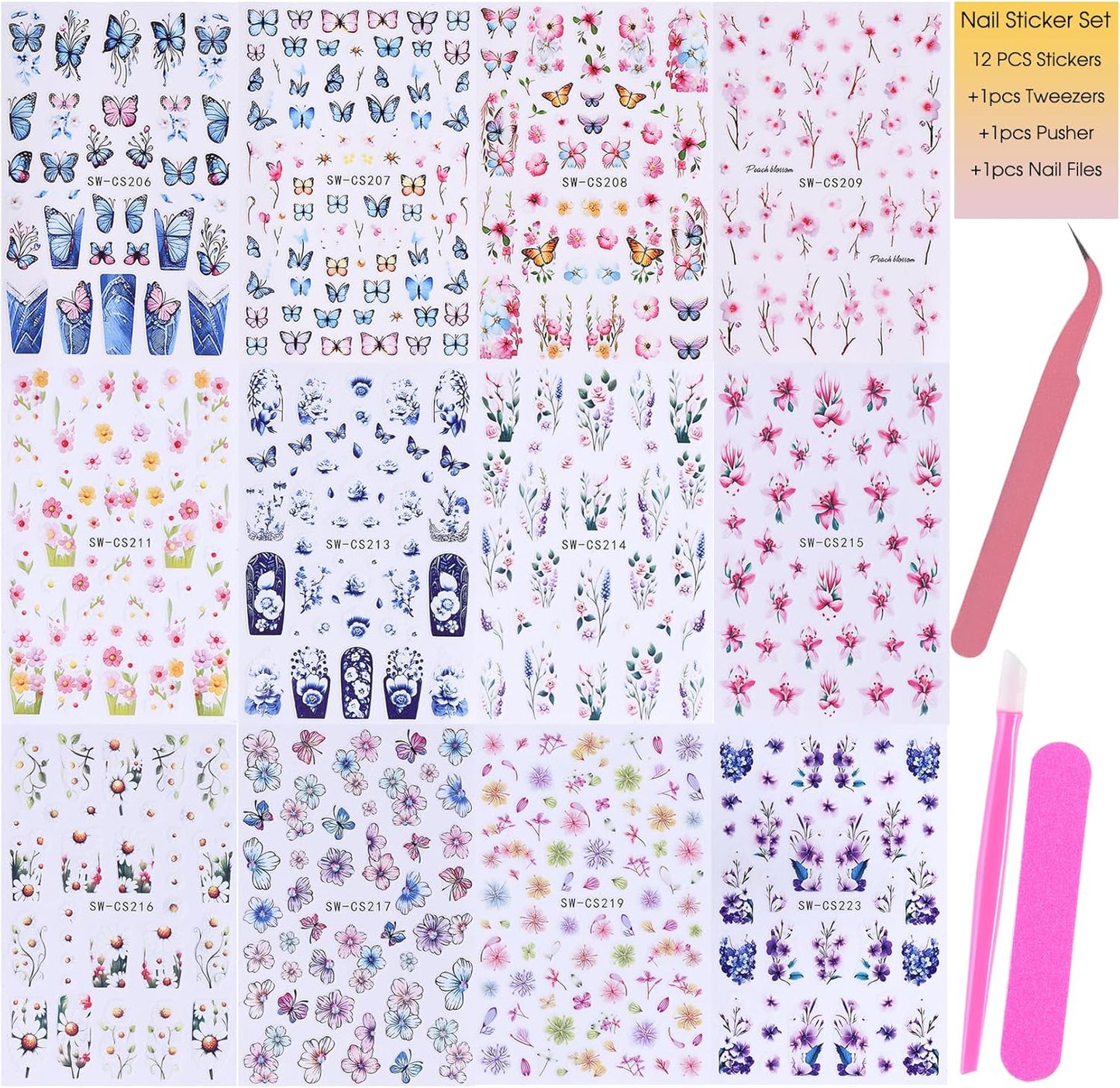 Flower Stickers for Nail Art Decals - 12 Sheets Spring Butterfly Nail Stickers with Tweezers 3D Floral Leaves Plant Nail Art Designs DIY Self Adhesive Daisy Blossom Nail Supplies Decorations