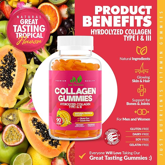 Collagen Gummies for Women & Men (90 Count) - Hydrolyzed Collagen Type I & III for Hair, Skin, Nails & Joints - Gluten-Free, Non-GMO - 90 Gummies