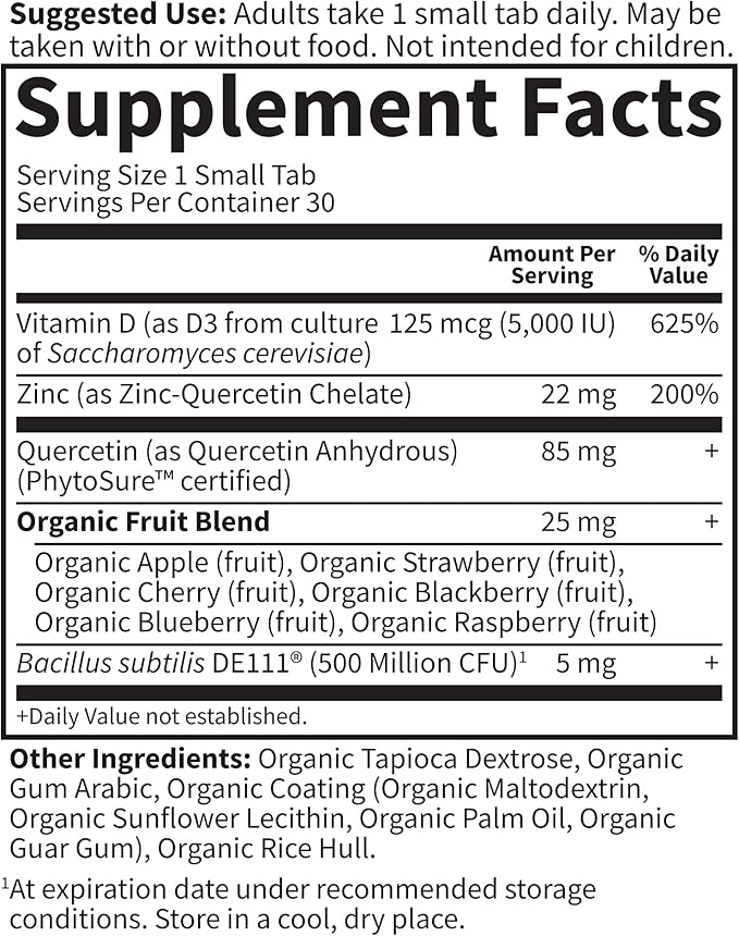 Garden of Life Quercetin Zinc Once Daily Immune Support Supplement with Vitamin D3 for Bone Health, Breast Health & Skin Health, Dr Formulated - Gluten Free, Non GMO, Carbon Neutral – 30 Mini Tabs