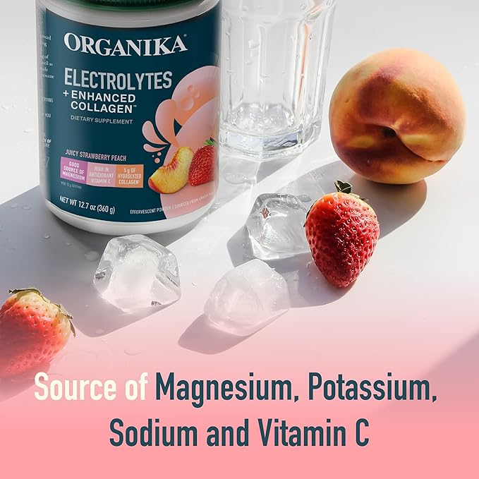 Organika Electrolytes + Enhanced Collagen- Strawberry Peach Flavor- Sugar-Free Hydration + Protein 360 Gram - 30 Servings