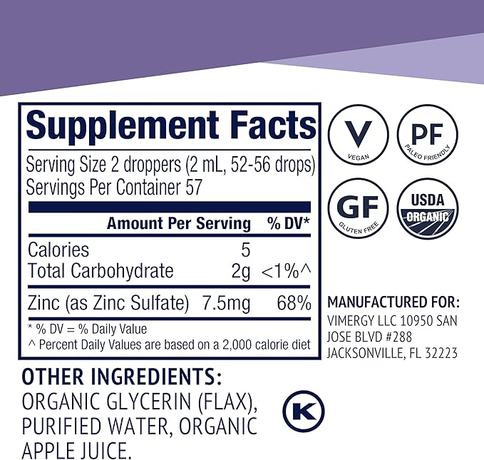 Vimergy Organic Liquid Zinc, 57 Servings – Alcohol Free Zinc Sulfate – Supports Immune Health & Metabolism – Antioxidant – Gluten-Free, Non-GMO, Kosher, Vegan & Paleo Friendly (115 ml)