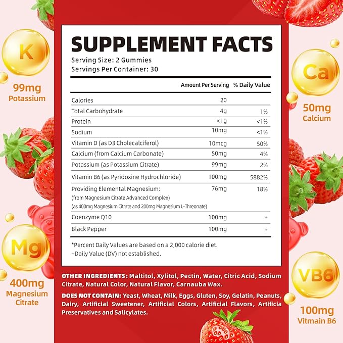 softbear Potassium Gummies for Adults, High Absorption Magnesium Potassium Supplement with Vitamin B6 for Leg Cramps & Muscle Health Sugar-Free Vegan Strawberry 60 Gummies