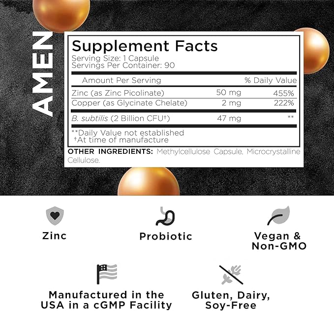Amen Zinc & Copper Supplement + Probiotics, 3 Months Supply, One Per Day - 50 mg Zinc Picolinate Vitamin Pills - Essential Minerals Supplements – 2 Billion CFUs Probiotic – Vegan, Non-GMO, 90 Capsules