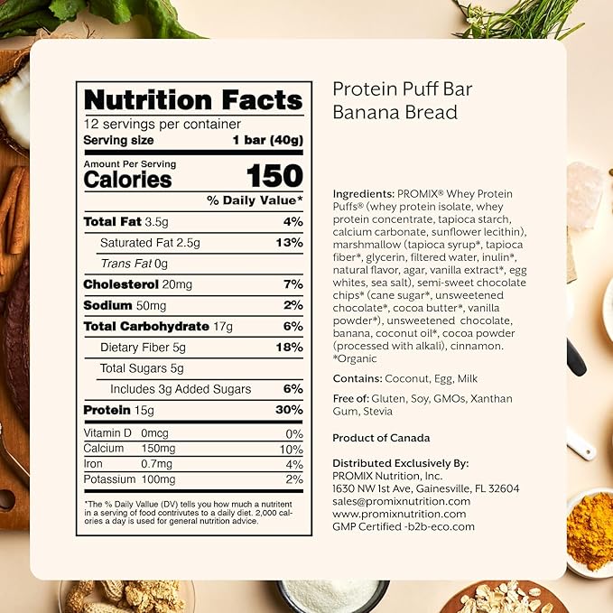 Promix Protein Puff Bars, 12-Pack - Banana Bread - Marshmallow Crispy Treat - Great Tasting & Healthy On The Go Snack - High Protein & Low Calorie - Non-GMO & Free From Gluten, Soy, & Corn