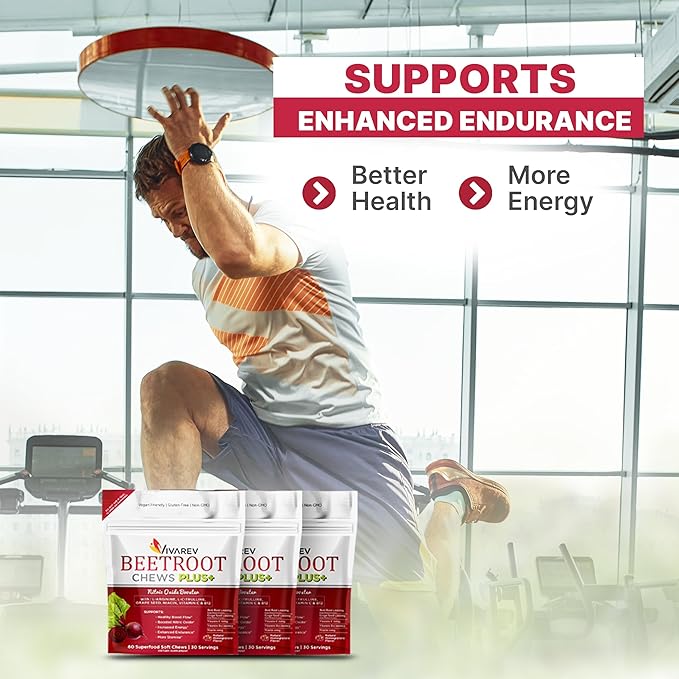 Beetroot Nitric Oxide Supplement - 1000mg Beet Powder with L Arginine, L Citrulline, Grape Seed Extract, Niacin, Vitamin C & B12 - Beet Chews - Pack of 60