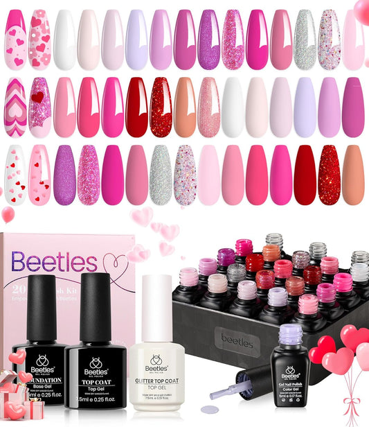 beetles Pink Gel Polish Set 20 Colors Hot Pink Alluring Sweetie Collection Nude Purple Glitter Red Uv Gel Manicure Kit with Base Glossy and Glitter Top Coat Gifts for Women