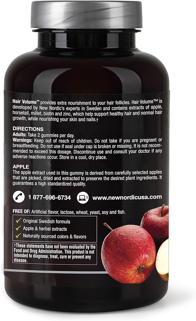 NEW NORDIC Hair Volume Gummies, 2500 mcg Biotin Daily Intake, Hair Vitamins to Support Hair Skin & Nails, Vegan Hair Supplement for Men and Women, 60 Count (Pack of 3)