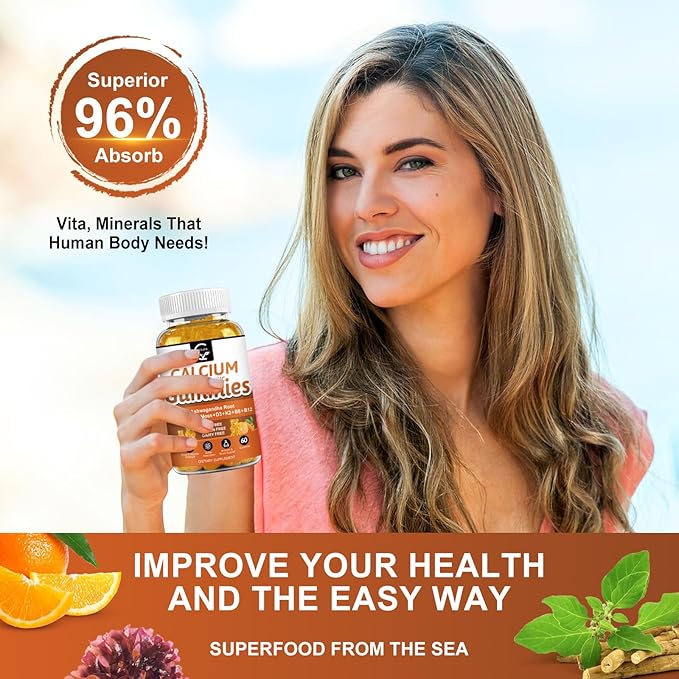 1200mg Calcium Gummies with Vitamin D3,K2,B12 & B6 - Plant Complex Calcium Magnesium Supplement with Glycinate,Potassium,Sea Moss,Ashwagandha Root for Bone & Teeth Strength, Muscle & Immune