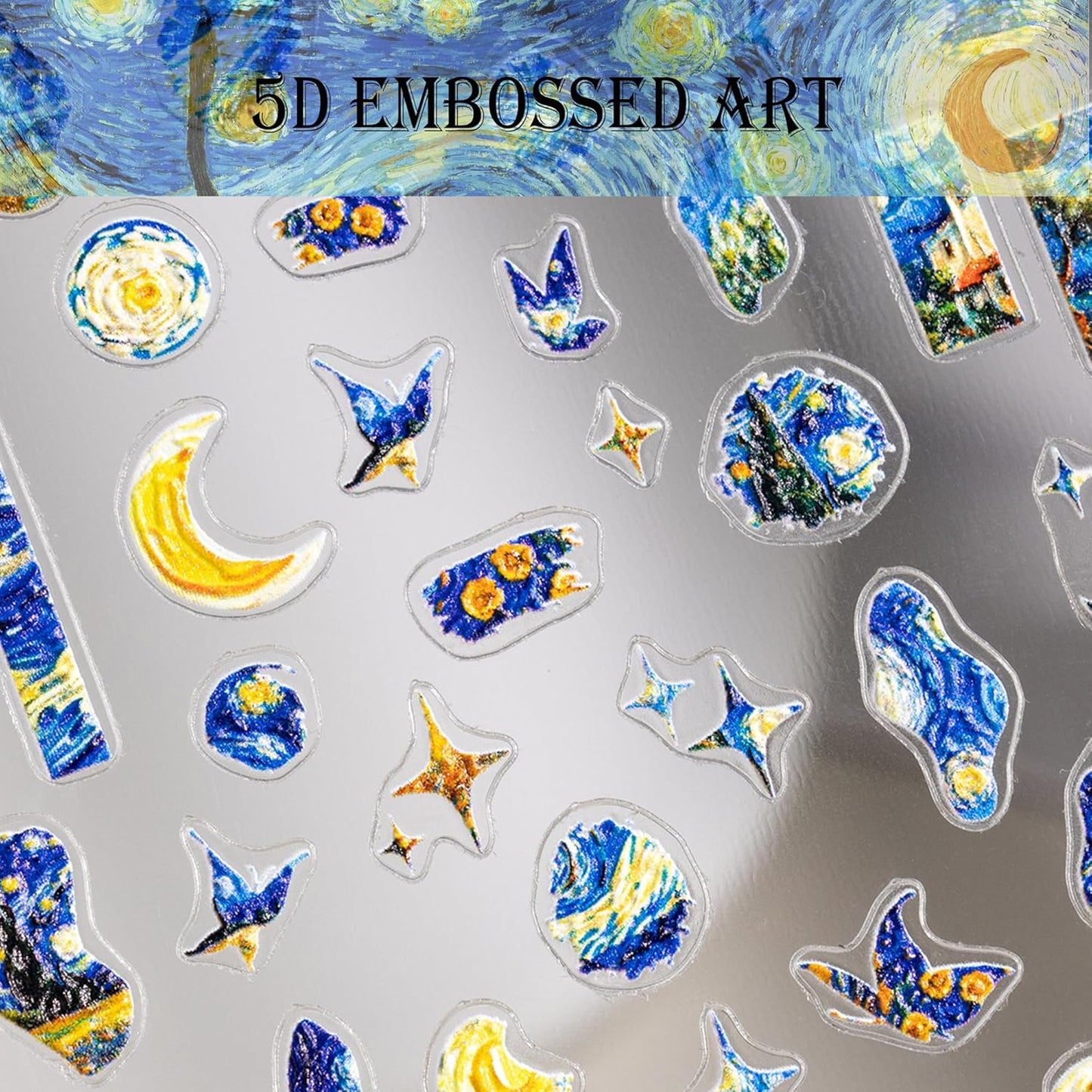 5D Van Gogh's Starry Night Nail Art Stickers, Embossed Nail Decals Supplies Self Adhesive Nails Sticker DIY Acrylic Nail Accessories - 2 Sheets