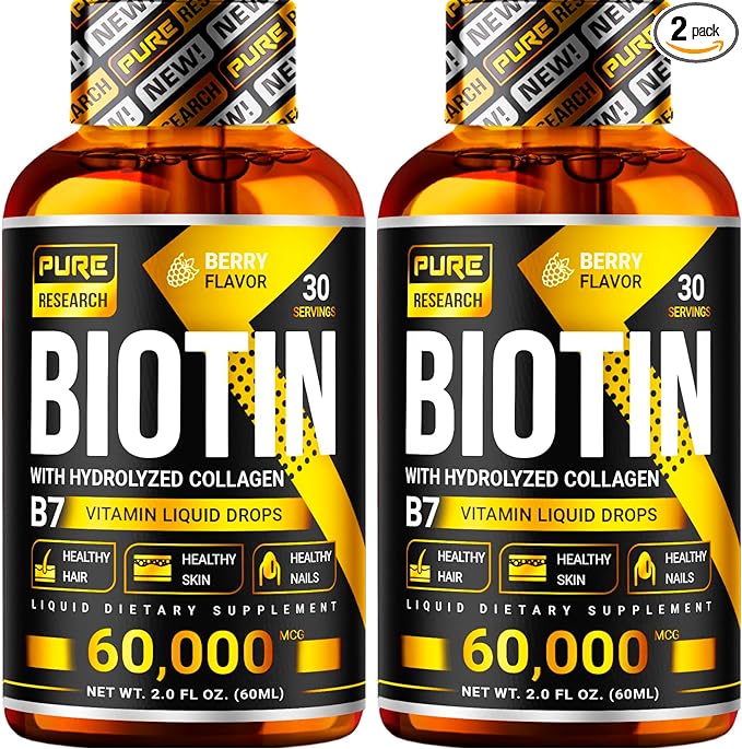 PURE RESEARCH Biotin & Collagen 60,000mcg Hair Growth Liquid Drops, Supports: Strong Nails, Glowing Skin, Healthy Hair Growth, More Absorption Than Capsules & Pills (4Fl Oz)