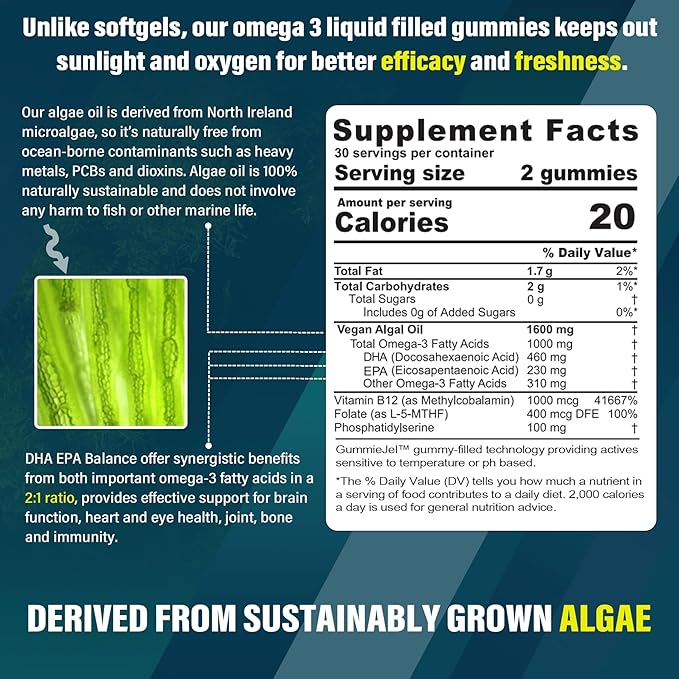 Vegan Omega 3 Gummies 1000mg w/MethylFolate, Vitamin B12, Plant Based DHA 460mg & EPA 230mg for Brain, Joint, Eye & Immunity, Sugar Free Fish Oil Omega 3 Supplements Alternative for Adults, 60 Cts