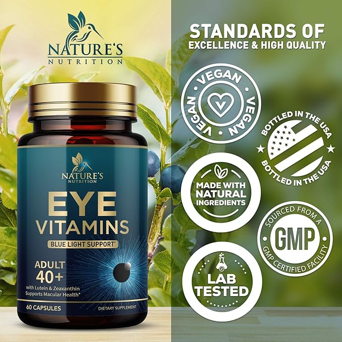 Eye Vitamins & Mineral Supplement, Contains Lutein, Zeaxanthin, Bilberry & Zinc, Supports Eye Strain, Vision Macular Health & Dry Eyes for Adults with Vitamin C & E, Lycopene - 60 Capsules