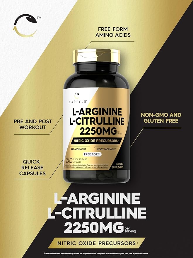 Carlyle L-Arginine L-Citrulline Supplement | 2250mg | 240 Capsules | Nitric Oxide Precursors | Free Form | Non-GMO & Gluten Free