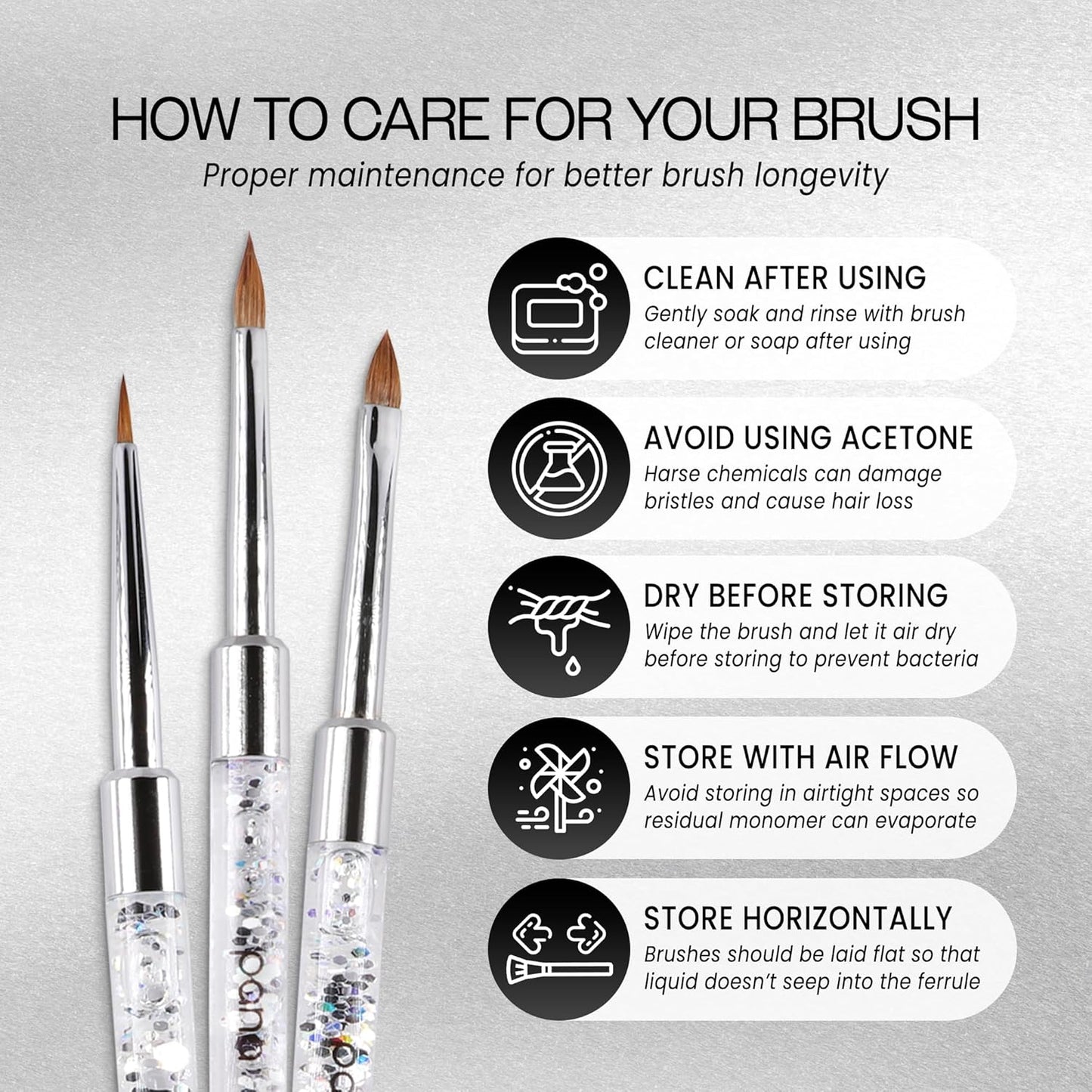 PANA 3D Kolinsky Nail Art Brush - Silver Glitter Handle, Size 2 - Acrylic Nail Art Sculpture Brush for Manicures Pedicure Salon Professional or Beginner