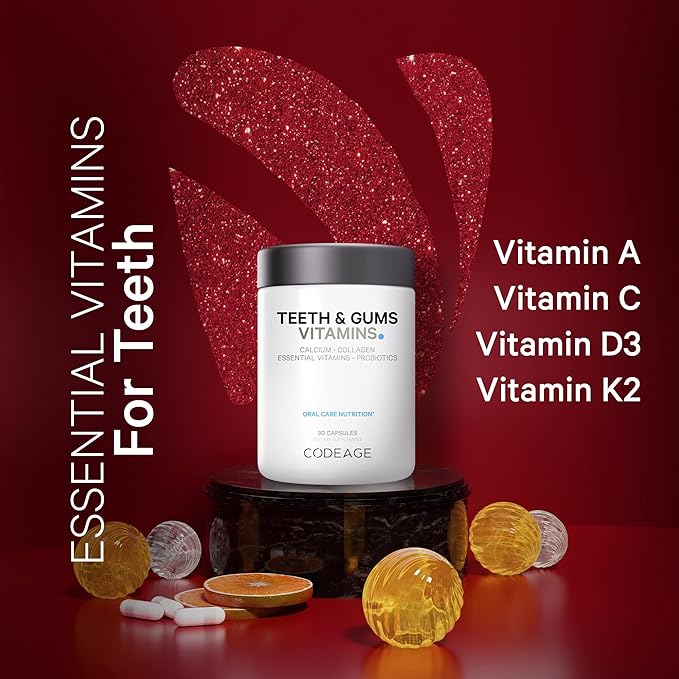 Codeage Teeth & Gums Vitamins + Oral Probiotics Supplement for Mouth - Whole Food Calcium, Collagen, Potassium, Vitamin C, D3, K2, Zinc – Oral Care & Dental Multivitamin Supplements - 90 Capsules