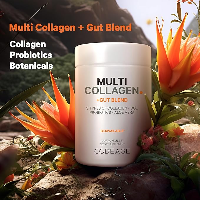 Codeage Multi Collagen + Gut Blend Supplement - Digestive Probiotics, DGL Licorice, Aloe Vera, Organic Peppermint Leaf, Slippery Elm - Hydrolyzed Bovine Collagen Pills - Non-GMO - 90 Capsules