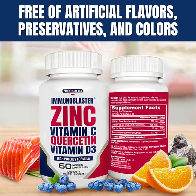 (2 Pack) ImmunoBlaster Zinc Quercetin 500mg with Vitamin D and C Antioxidant Immune Support High Potency Quercetin Zinc Supplement for Men and Women - Gluten, Soy, & Dairy Free - 120 Count (Twin Pack)