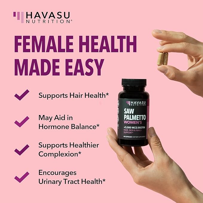 Saw Palmetto for Women + 5000 mcg Biotin Supplement | DHT Blocker Hair Health Vitamins | Supports Stronger Appearance of Hair for Women Post-Partum | 2 Month Supply Vegan Women's Saw Palmetto