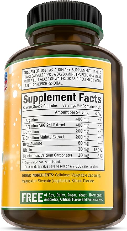 L Arginine - 1340mg Nitric Oxide Booster with L-Citrulline & Essential Amino Acids for Heart and Muscle Gain - Nitric Oxide Boost Supplement for Endurance and Energy - 60 Capsules. Made in USA