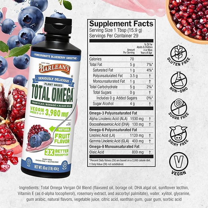 Barlean's Liquid Flaxseed, Borage & Algae Oils Omega 3 Supplement, Pomegranate Blueberry Flavor, Vegan EPA & DHA from Algal Oil, Flax Oil and Borage Seed Oil with 3,980 mg of Omega-3-6-9, 16 oz