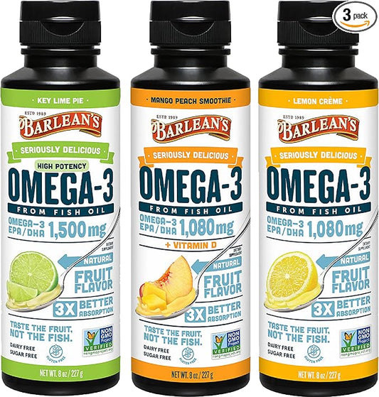 Barlean's Omega 3 Fish Oil Liquid Supplement Pack of 3, EPA and DHA Fatty Acid, Smoothie Flavored for Brain, Joint, and Heart Health, Includes Key Lime Pie, Lemon Crème and Mango Peach Flavors, 8 oz