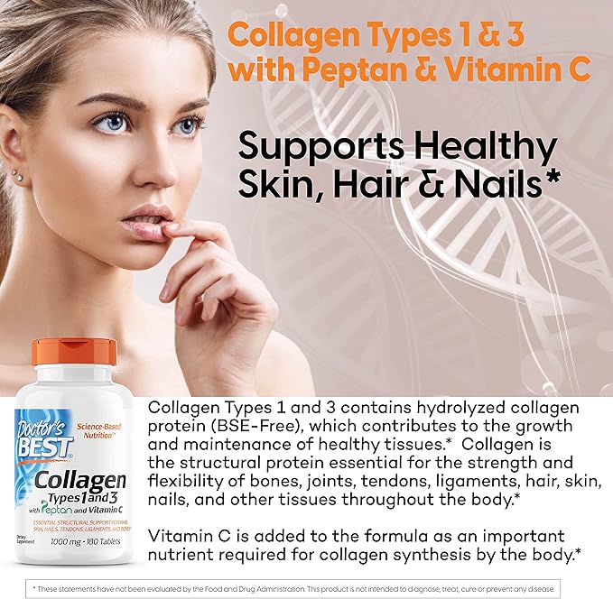 Doctor's Best Collagen Types 1 & 3 with Peptan, Non-GMO, Gluten Free, Soy Free, Supports Hair, Skin, Nails, Tendons & Bones, 1000 mg, 180 Tablets